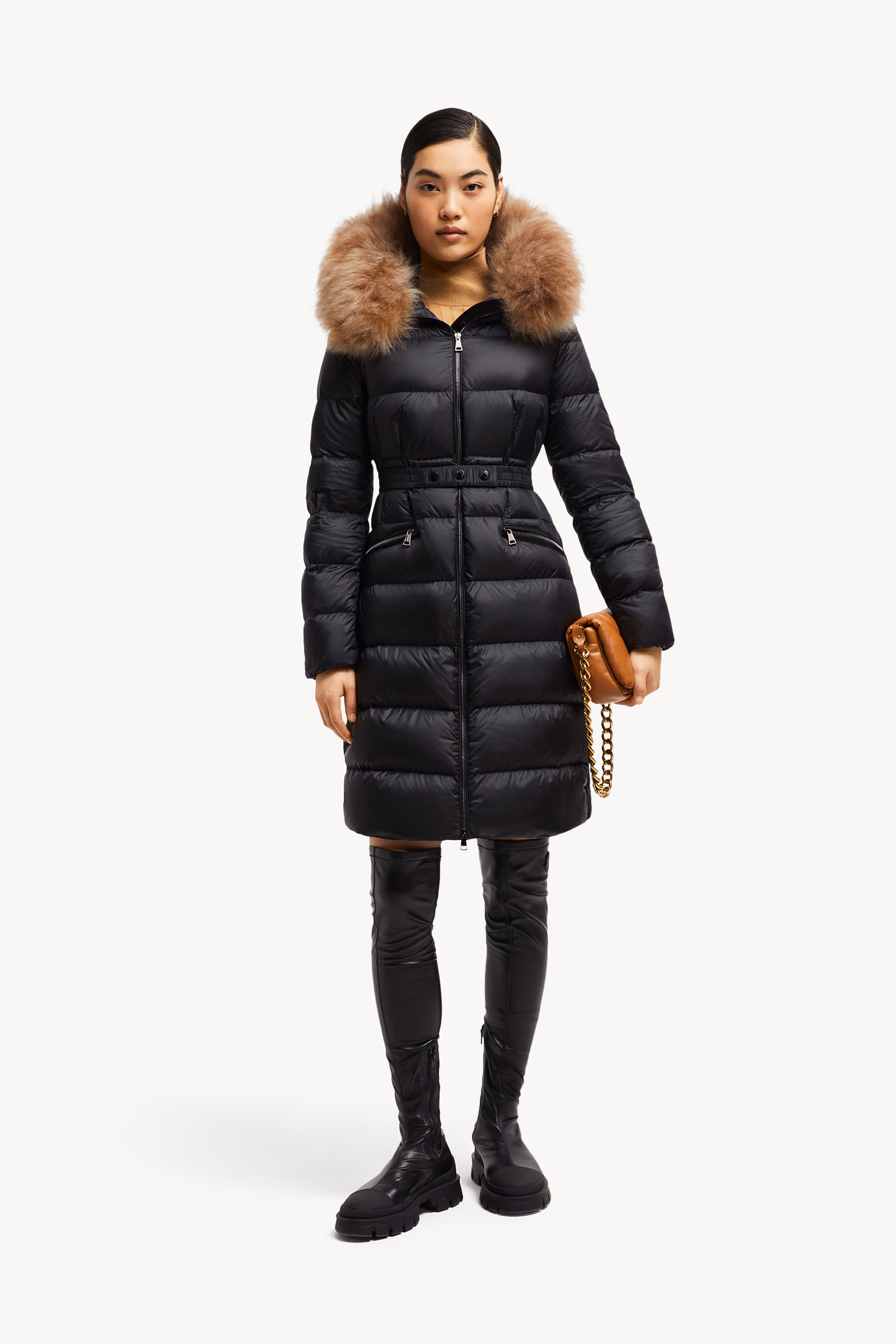 Boedic Hooded Shearling-Trimmed Long Down Jacket Women Black & Beige Moncler 0